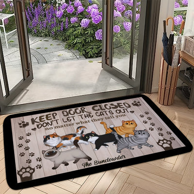 1pz Alfombra Antideslizante con Borde Ancho de Gatos de Dibujos Animados y Huellas, Mensaje Divertido "Mantén la Puerta Cerrada", Tapete de Bienvenida 100% Poliéster para Entradas, Porche, Decoración del Hogar, Alfombra Interior/Exterior Lavable en Máqui