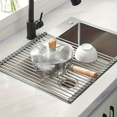 1 pieza, estante de secado de platos de acero inoxidable enrollable - sobre el fregadero, estante de drenaje multifuncional con ranuras de circulación de aire, diseño portátil y ahorrador de espacio para fregadero de cocina, secado eficiente y organizaci