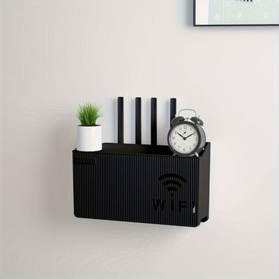Estante organizador de plástico multiusos para router y decodificador de TV, montaje en pared sin taladro, con ganchos utilitarios para hogar u oficina
