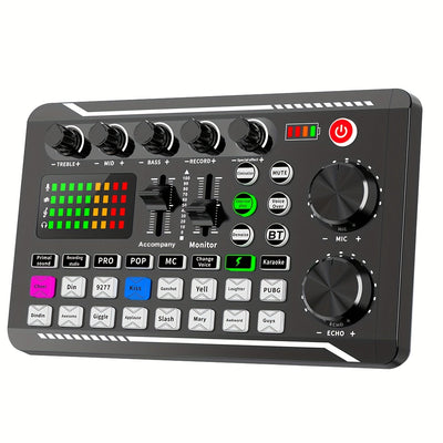 Tarjeta de sonido en vivo con interfaz de audio USB, efectos de mezclador DJ y cambiador de voz - Batería de litio recargable, equipo de estudio portátil para streaming, podcasting y gaming (Negro), Equipo para podcasting | Mezclador de audio moderno | T
