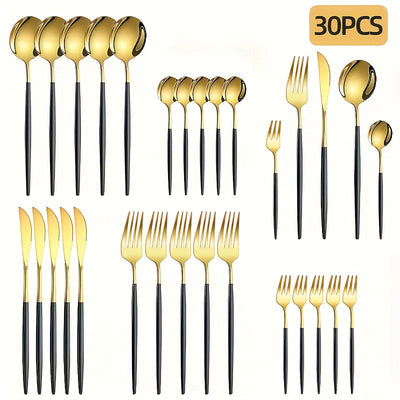 Juego de cubiertos de acero inoxidable, 30 piezas, dorado y dorado con mango negro, pulido espejo, resistente, apto para lavavajillas, incluye tenedores, cuchillos y cucharas