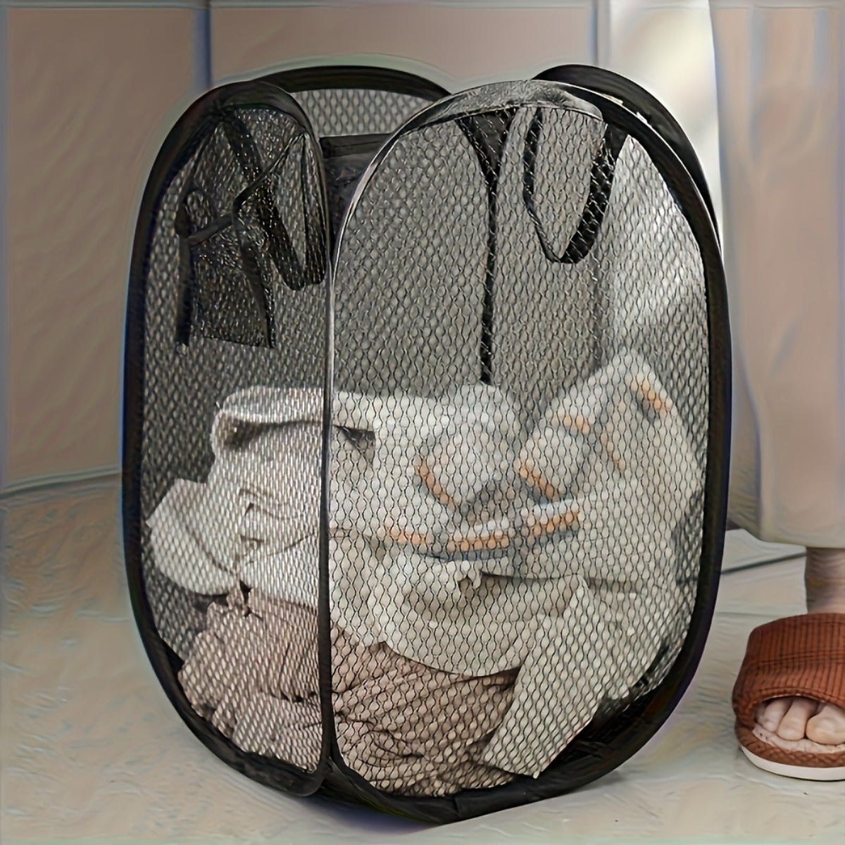 1pc Cesta de Ropa Plegable Multicolor con Asas - Cubo de Malla Plástico Ovalado, Gran Capacidad para Baño, Dormitorio o Lavandería, Accesorios Modernos, Diseño en Malla, Mangos Fáciles de Agarrar, Organizador de Ropa