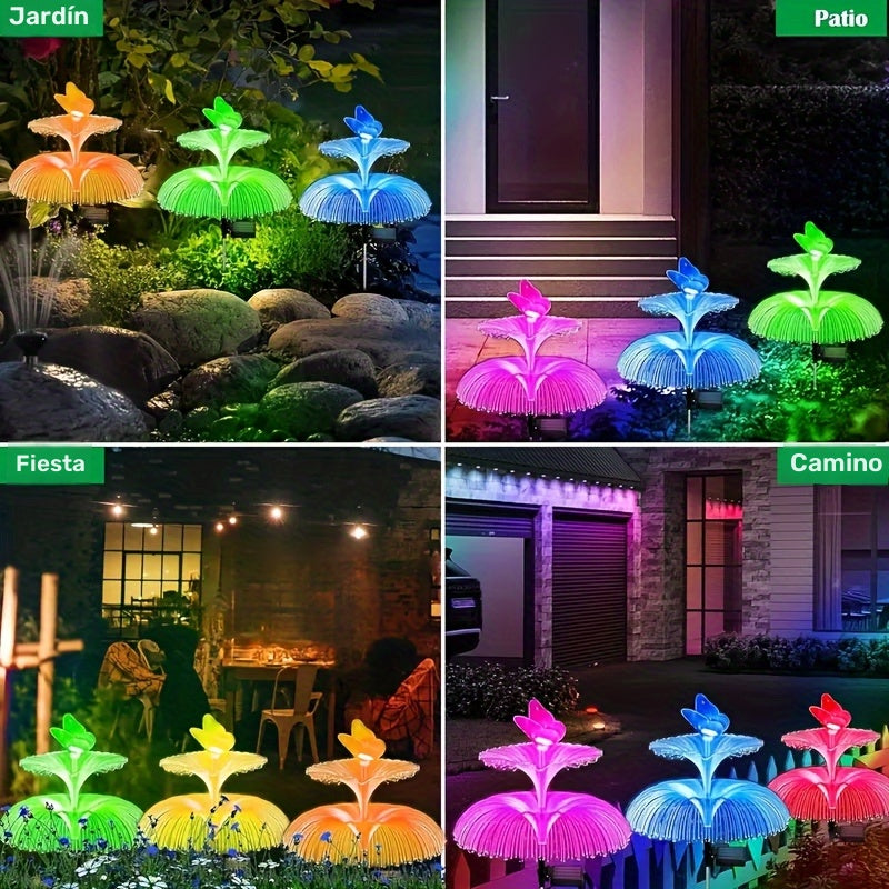 Luces solares para jardín con diseño de medusas, 3 piezas, luces LED multicolor para exteriores, diseño de mariposa de doble capa, construcción duradera de plástico y acabado metálico, ahorro de energía, fácil instalación, ideales para caminos y jardines