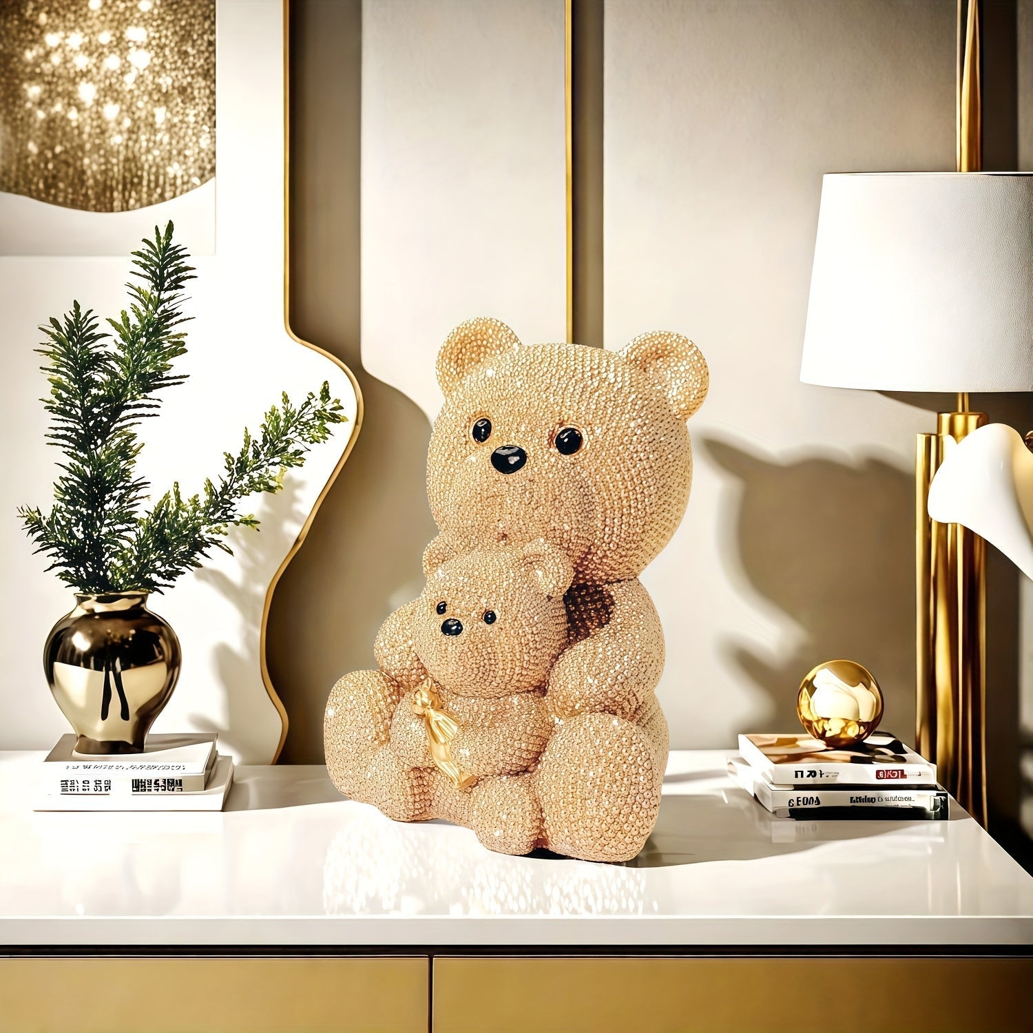 1pc Estatuilla de Oso Dorado Brillante Madre y Bebé | Decoración Animal Adorable | Regalo para el Hogar o Mamá