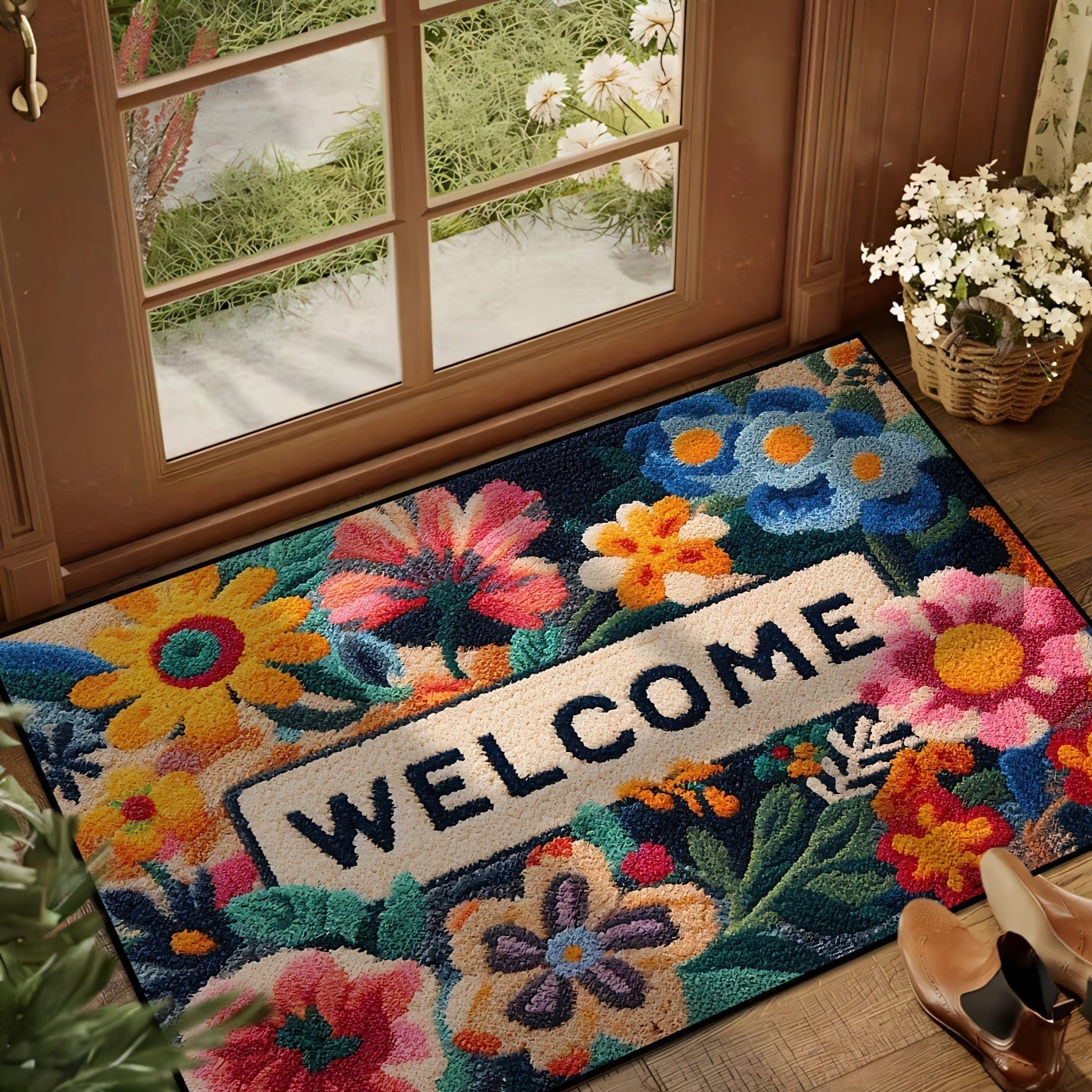Alfombra de bienvenida floral vibrante, 1 unidad, antideslizante, de poliéster, con flores coloridas y hojas verdes, ideal para cocina, baño, dormitorio y decoración de fiestas, regalo perfecto para primavera, alfombra de entrada para fiestas | Diseño fl