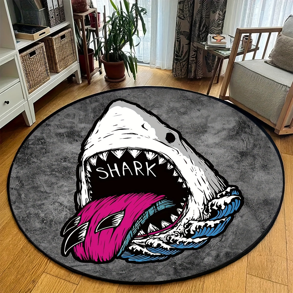 Alfombra redonda creativa de dibujos animados de tiburón - Lavado a mano, tejido de punto, ligera, antideslizante, lavable, alfombra de poliéster con respaldo de goma para sala de estar, dormitorio, sala de juegos - Hecha a máquina, alfombra de decoració