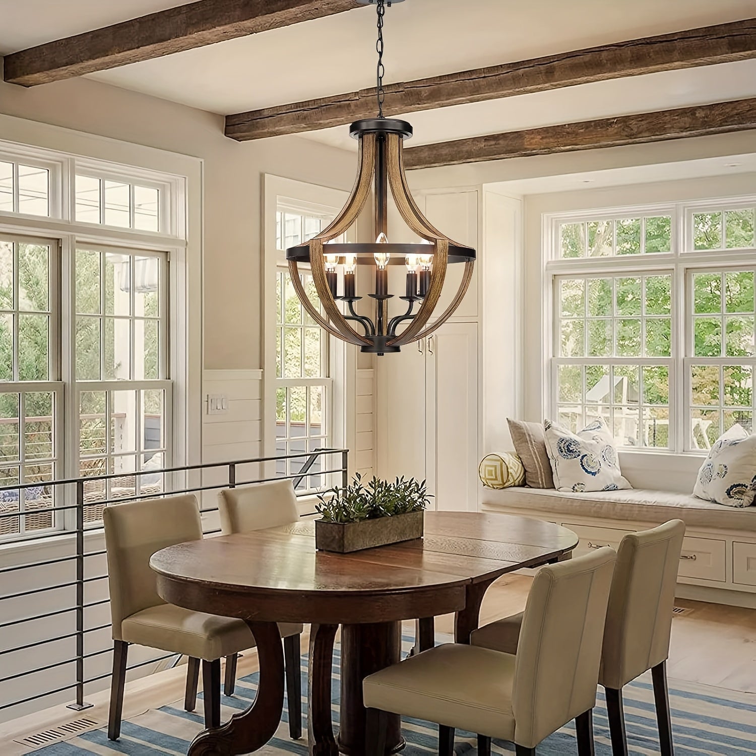 Lámpara colgante geométrica moderna para granja, 5 brazos de altura ajustable, montaje semi-inclinado, diseño de hierro negro y madera, colgante desmontable para comedor, vestíbulo, isla de cocina - No incluye bombilla, luces de techo para dormitorio