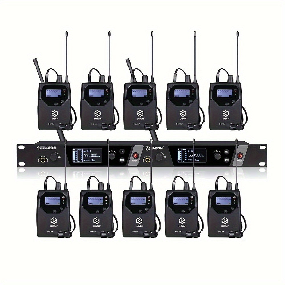 Sistema inalámbrico de monitoreo de audio LMBGM AR2080-10 UHF de 2 canales, aleación de aluminio, conector de 6.35 mm, alimentado por corriente eléctrica, 110-130V, enchufe estadounidense, ideal para escenarios, bandas, estudios y músicos - Incluye 10 re