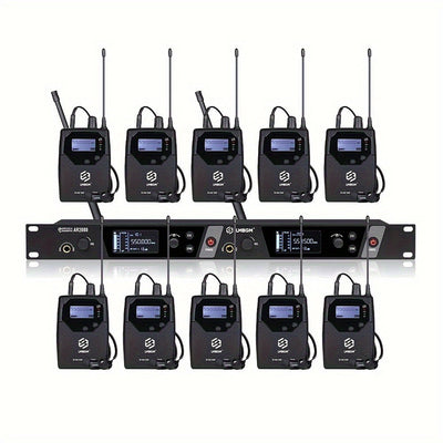 Sistema inalámbrico de monitoreo de audio LMBGM AR2080-10 UHF de 2 canales, aleación de aluminio, conector de 6.35 mm, alimentado por corriente eléctrica, 110-130V, enchufe estadounidense, ideal para escenarios, bandas, estudios y músicos - Incluye 10 re