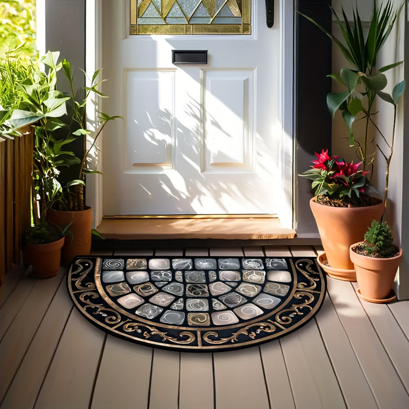 Tapete de bienvenida semicircular elegante - Ligero, lavable a máquina, diseño vintage con estampado de cristal y patrones florales y geométricos, ideal para entrada, cocina o baño, tapete de baño | Diseño floral geométrico | Tapete duradero para bienven