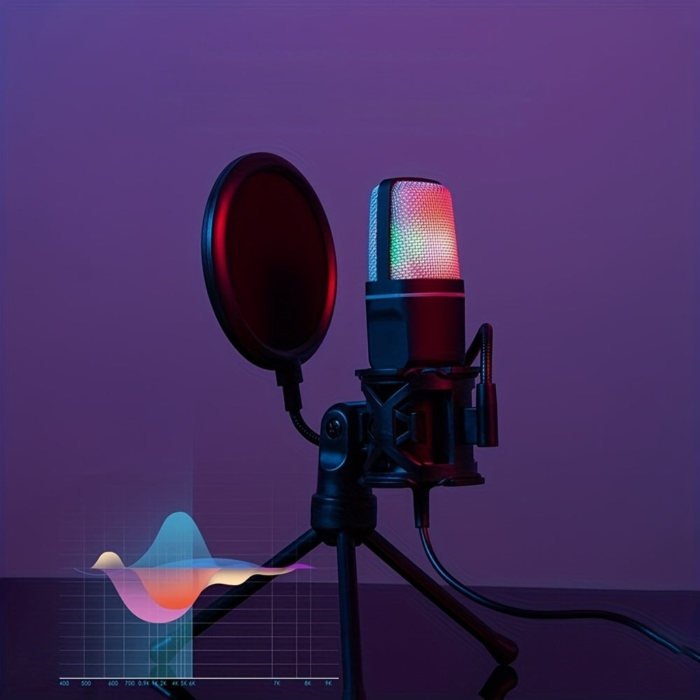 Microfono RGB de Estudio, Microphone Tipo RGB con Trípode, Estudio de Grabación de Música, Equipo de Transmisión en Vivo, Podcast, Grabación, Eid Al-Adha Mubarak