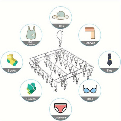 1pc Soporte De Secado De Calcetines De Acero Inoxidable Con Clip Múltiple, Gancho Giratorio A Prueba De Viento, Percha Para Ropa, Soporte De Secado De Ropa Para Calcetines, Sujetadores, Ropa Interior, Accesorios De Lavandería