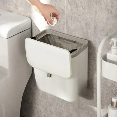 Cubo de basura de cocina sin contacto, montado en la pared con tapa de presión manos libres - Diseño rectangular duradero de plástico ahorrador de espacio para baño y cocina, contenedor de residuos higiénico, cubo de basura de cocina, cubo de basura ahor