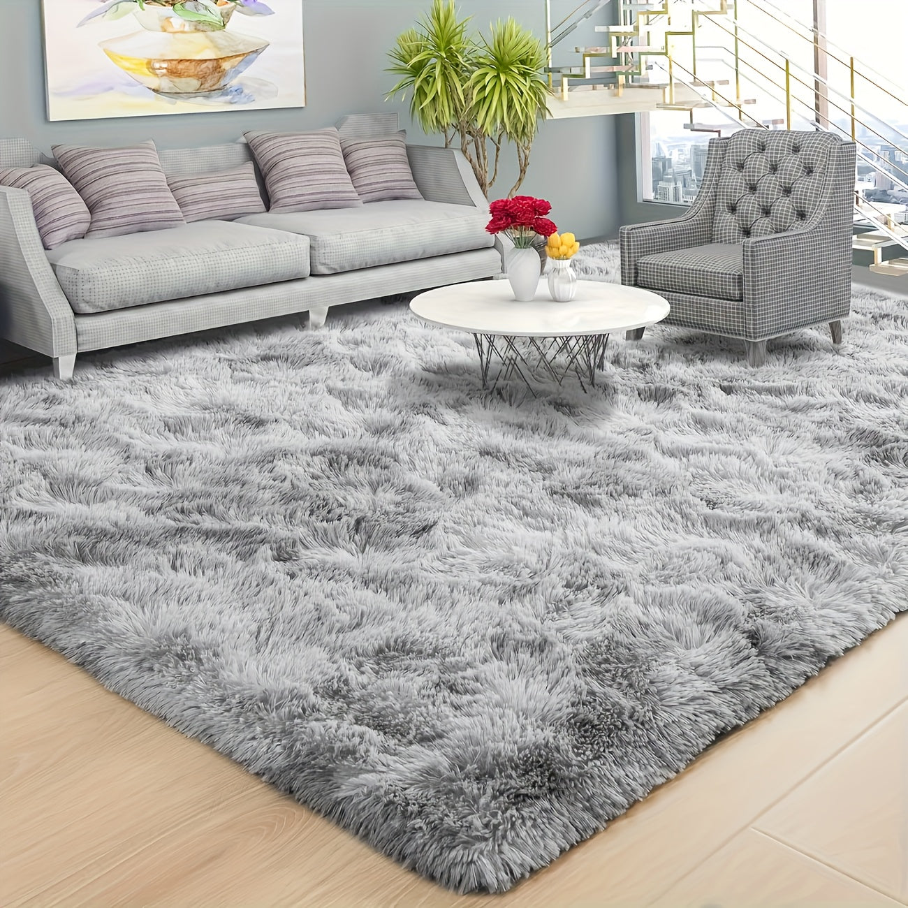 1 alfombra suave de poliéster peluda en gris, antideslizante, rectangular, para sala, dormitorio u oficina, decoración moderna, hecha a máquina, de fibra de poliéster