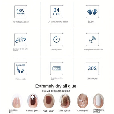 Lámpara de uñas LED de 48W para uñas de gel - 3 ajustes de temporizador, sensor automático y control de botón, alimentada por USB, secadora de uñas profesional para salón y hogar con pantalla digital, blanca, secadora de uñas, equipo de salón, herramient