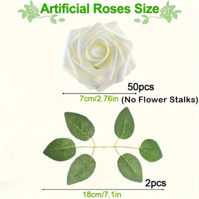 52 piezas de flores artificiales, 50 flores, 2 hojas, rosas falsas de espuma realistas para bodas DIY, ramo de novia blanco, regalo de decoración central, decoraciones de mesa para fiestas.
