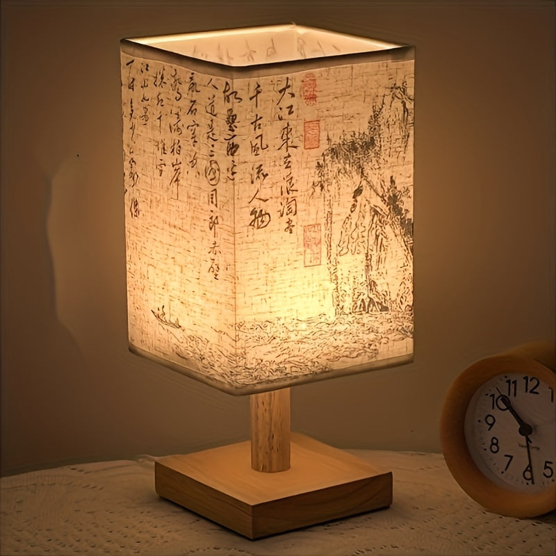 Lámpara de escritorio de estilo caligráfico tradicional, base de madera, sombra de tela de estilo antiguo, lámpara ahorradora de energía, cable USB, lámpara independiente con soporte, adecuada para dormitorio, sala de estar, decoración de tema espacial.