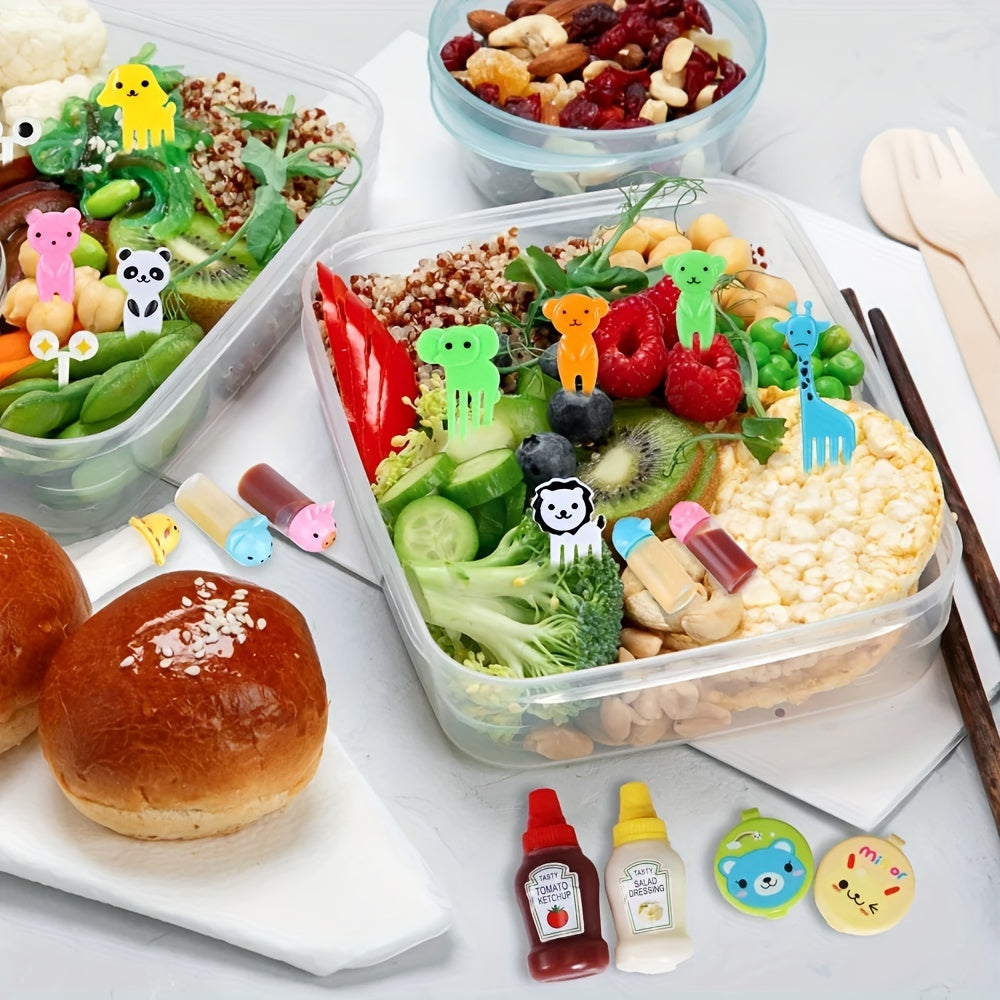 38/48 piezas de botellas exprimibles para ensaladas, botellas para condimentos y salsas, tenedores decorativos para bento, diseños de animales y frutas animados, material de polipropileno, forma ovalada, solo lavado a mano