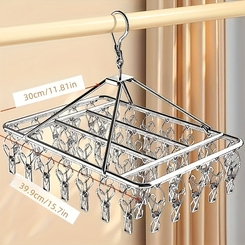 Un tendedero de acero inoxidable con 30 pinzas - un organizador colgado a prueba de viento para calcetines y ropa interior, un tendedero multifuncional ahorrador de espacio, adecuado para uso en casa, dormitorio y balcón.