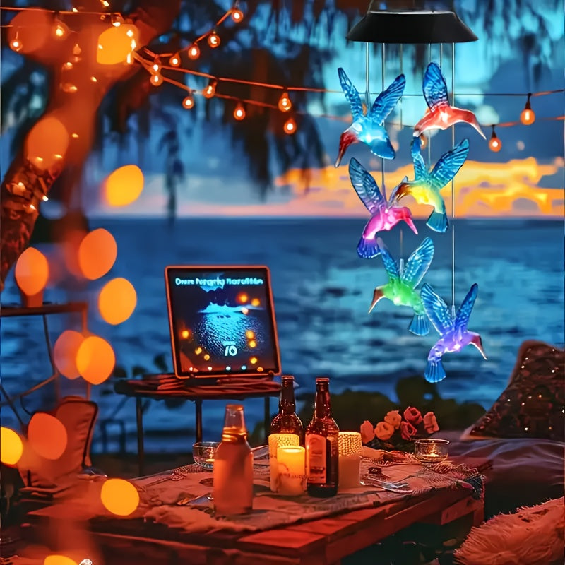 1 unidad, móvil de viento solar con colibrí que cambia de 6 colores - decoración encantadora para jardín en 7 colores vibrantes, luces solares para exterior, patio, césped y jardín, regalo perfecto para mamá, abuela o cumpleaños