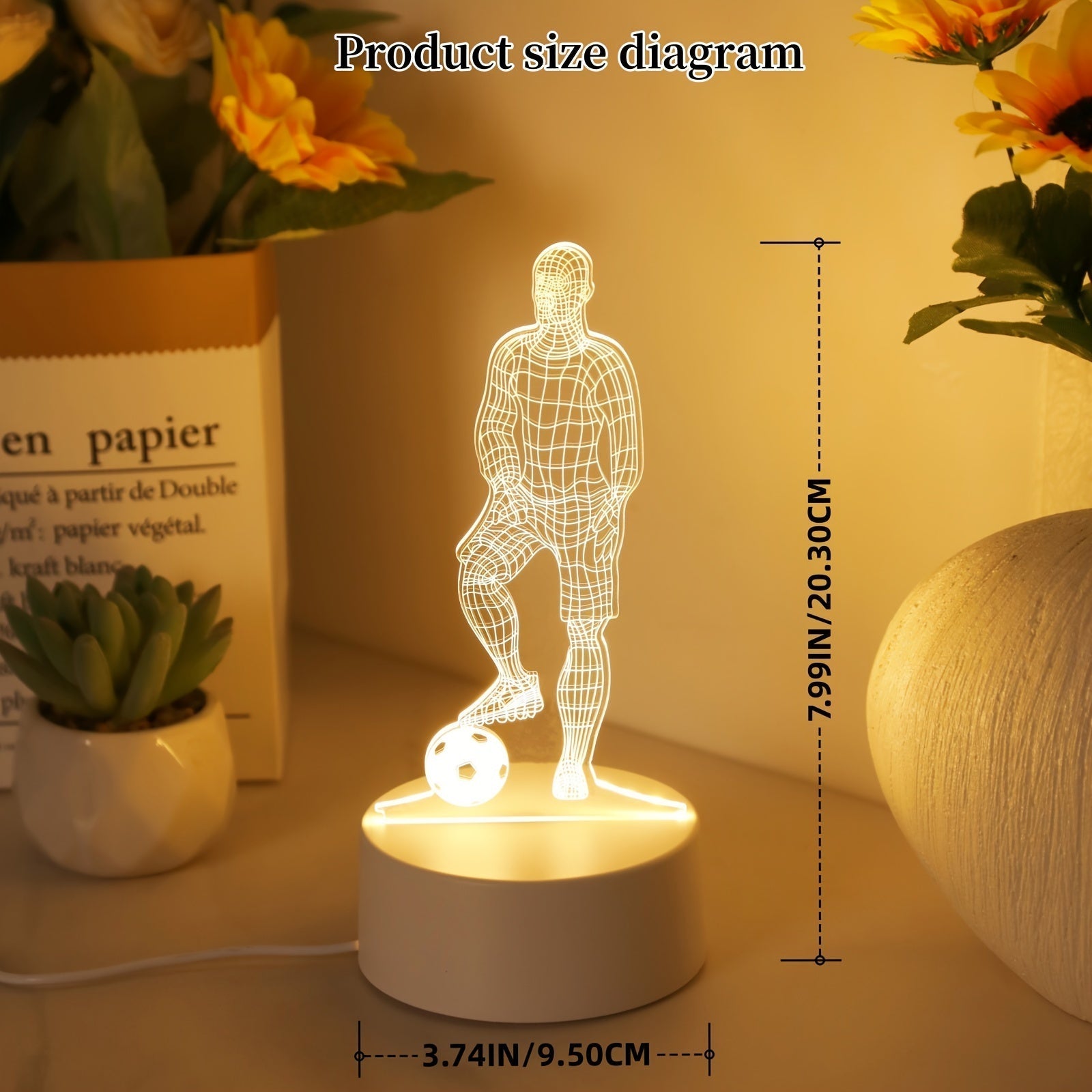 1pc Lámpara de noche 3D de jugador de fútbol, luz cálida de un solo color alimentada por USB, luz ascendente geométrica moderna, luz de noche de mesa de plástico de bajo consumo energético para varios tipos de habitaciones, iluminación creativa de ambien