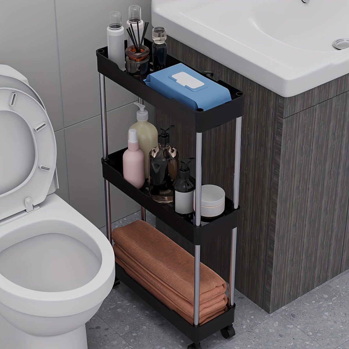 Carrito de almacenamiento rodante delgado de 3/4 niveles para baño – Estante móvil de plástico blanco con ruedas deslizantes, organizador multifuncional para espacios reducidos, ideal para organizar el baño, carrito móvil | Solución de almacenamiento mod