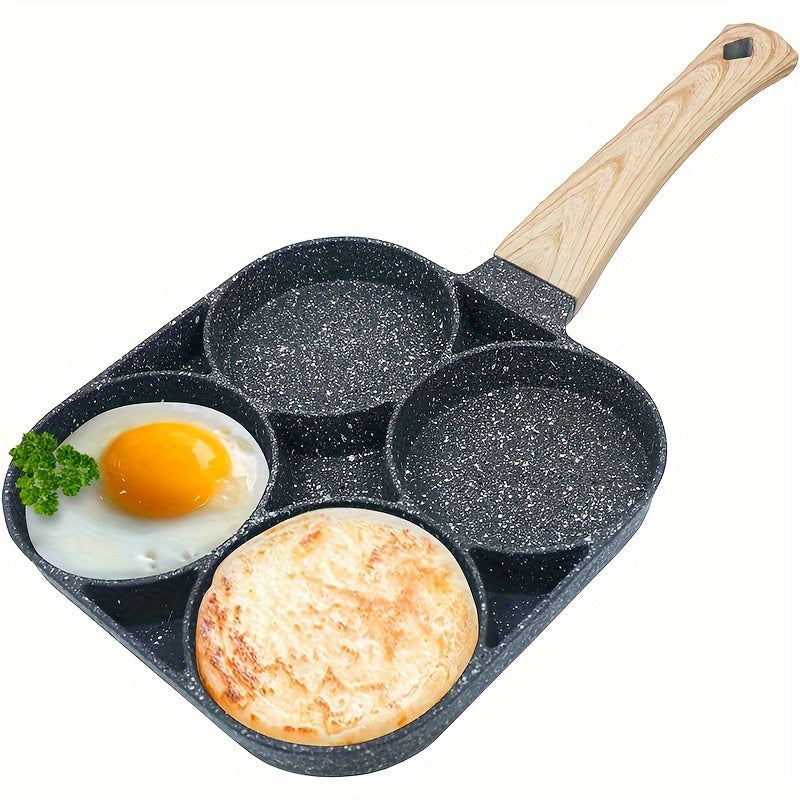 1pc Sartén Antiadherente de 4 Agujeros con Revestimiento de Piedra Médica, Diseño Manchado & Mango de Madera - Multiusos para Tortillas, Pancakes, Hamburguesas, Tocino, Bistec - Distribución Uniforme del Calor, Fácil Limpieza, Segura en Estufa, Sartén pa