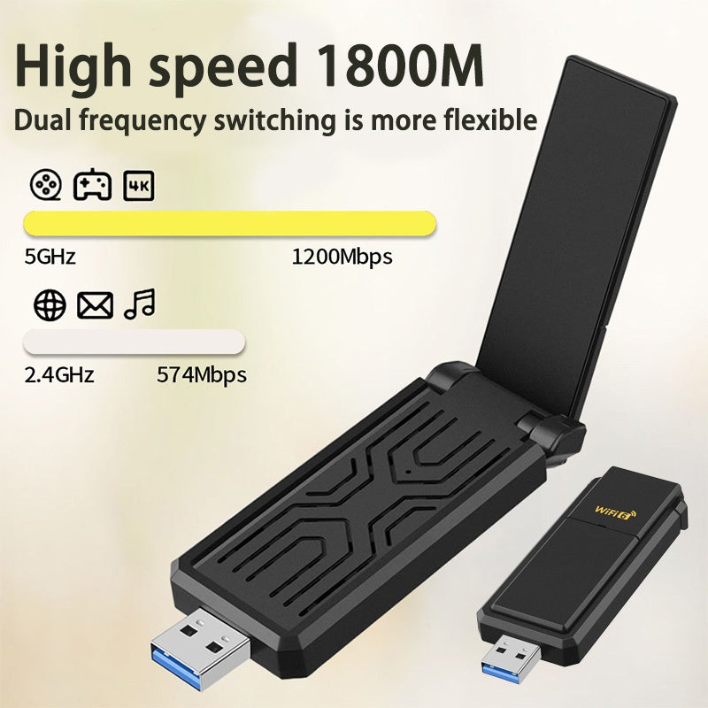 Adaptador de Red Inalámbrica WiFi 6 USB 3.0, Apto para PC y Portátiles, Banda Dual WiFi 5.8G/2.4G con Tecnología de Seguridad Super USB 3.0 & WPA3, 1800Mbps, Antena de Alta Ganancia Doble 5Dbi, Receptor/Transmisor WiFi, Solo Compatible con Windows 10/11
