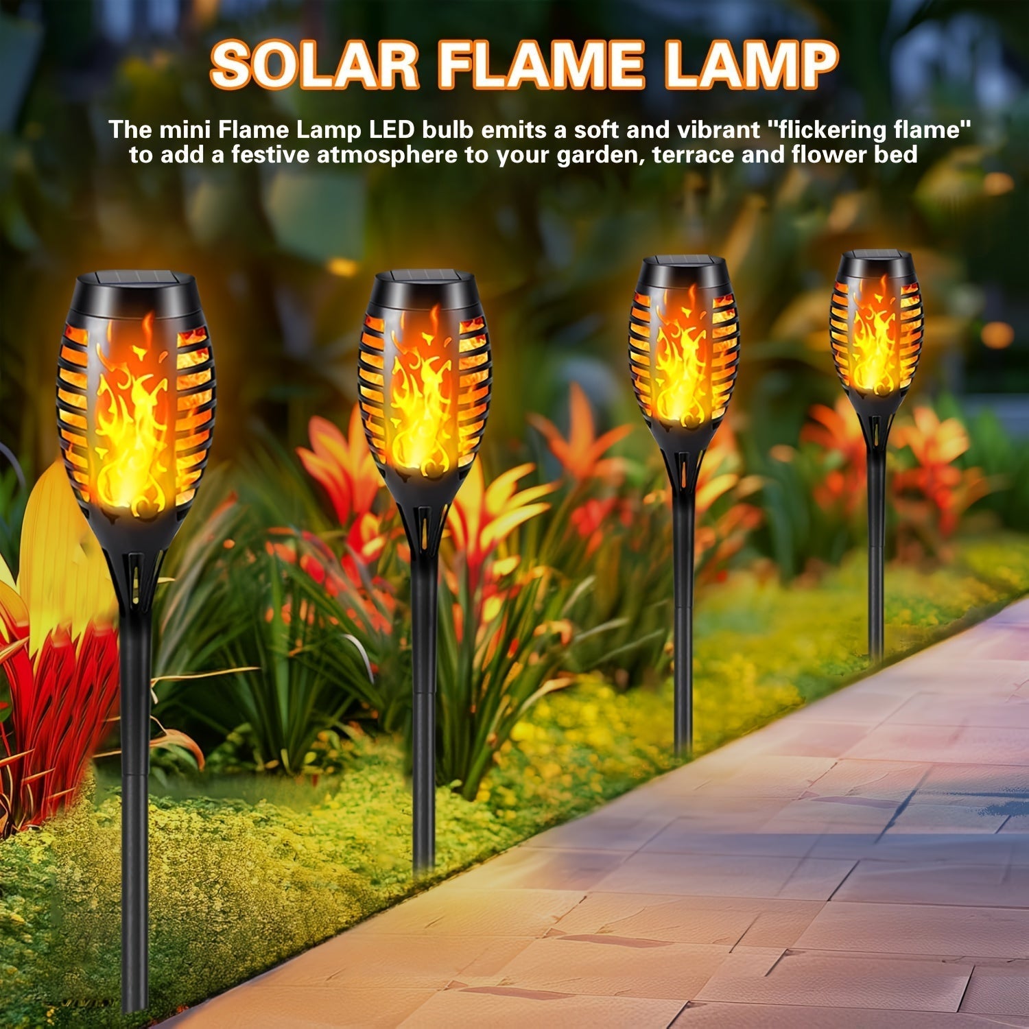 4/8/12 luces solares para jardín con efecto de llama parpadeante, plástico, carga solar, batería de níquel 600mAh, encendido/apagado automático, para césped, patio, acera y entrada