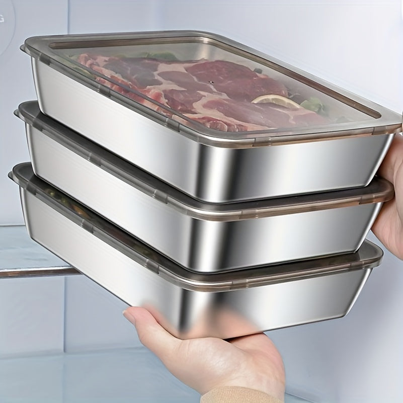 Juego de 2/3 recipientes de acero inoxidable para almacenar alimentos, resistentes, herméticos, libres de BPA, aptos para microondas y congelador, irrompibles, organizadores de cocina rectangulares con tapa abatible para refrigerador y despensa