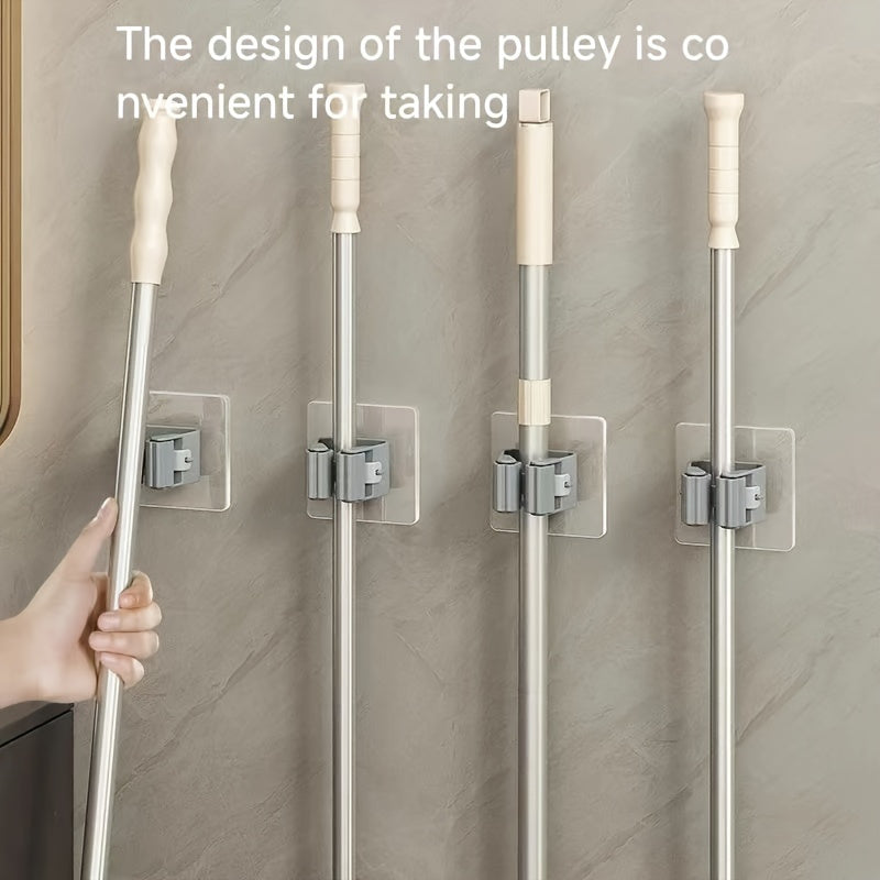 4 piezas Ganchos de plástico para utensilios, Soporte para trapeadores y escobas montado en la pared, Fuerte adhesión sin taladro para baño y cocina