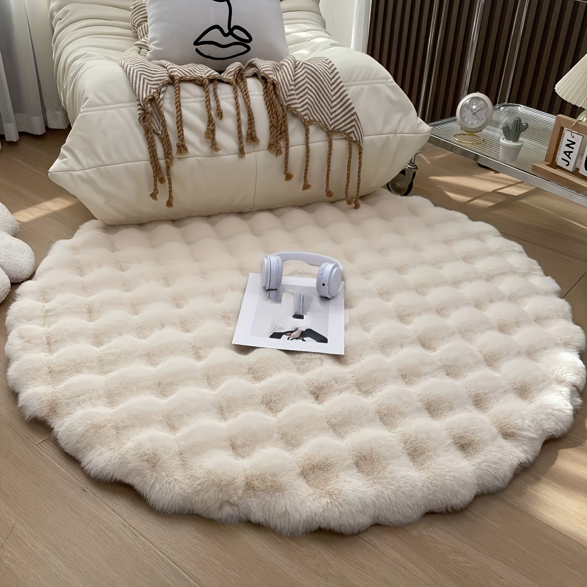1 pieza, Alfombra Decorativa Redonda de Terciopelo Buboso Sólido Suave y Fácil de Limpiar para Dormitorio, Sala, Armario, Área de Maquillaje o Espacios de Ocio, Color Beige Claro Densa y Cómoda, Mantenimiento Ligero, Adecuada para Todas las Estaciones 35