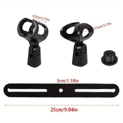 Barra de montaje de micrófono de 1 a 2 con clips de mic: Rosca ajustable de 3/8" para la mayoría de los soportes de micrófono y brazos de boom