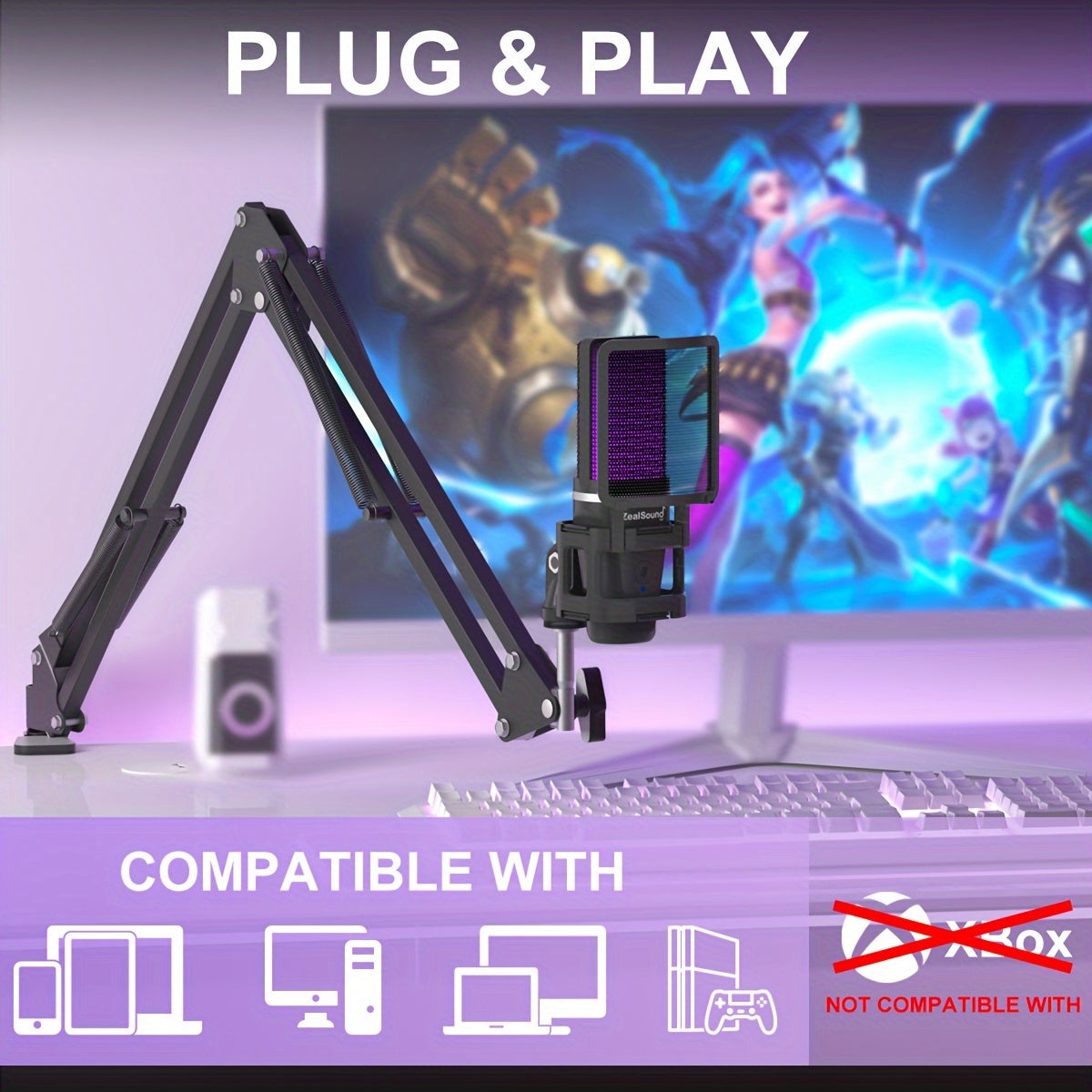 Kit de Micrófono Condensador ZealSound USB para Gaming, Micrófono Condensador con Brazo Articulado y Luz RGB - Plug and Play para PC, PS4&5, Mac, Teléfono - Ideal para Discord, Grabación - Adaptador Tipo-C Incluido - Botón Silenciar, Soporte de Brazo, Fi