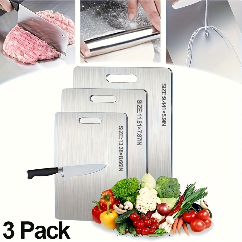 Juego de 3 tablas de cortar de acero inoxidable - Seguras para lavavajillas, doble cara para tareas de cocina diversas, esenciales para la cocina, seguras para alimentos, tamaños 9,84 x 5,9 pulgadas, 11,41 x 7,87 pulgadas, 13,38 x 9,05 pulgadas