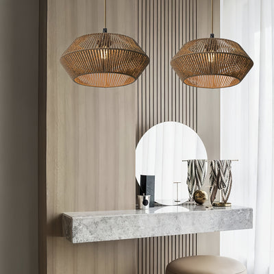 Elegante Pantalla de Luz Colgante de Cuerda de Papel Tejido a Mano - Estilo Moderno con Acento de Metal Negro, Ideal para Balcón, Comedor y Ambiente de Hotel, Pantalla Decorativa | Encanto Rústico | Suspensión de Madera, Decoración de Habitación