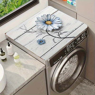 1 pieza de alfombrilla de cubierta para lavadora y secadora floral - Diseño de margaritas azules, tejido de poliéster absorbente, decoración de habitación de lavado, cocina y baño | Diseño de encanto rural | Alfombrilla duradera