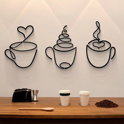 1 taza de café de metal negro moderno, escultura de patrón gráfico, decoración de tema cultural para pared para salón, restaurante, fondo de habitación, uso interior - Arte de hierro de lujo colgado en la pared