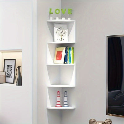 Estante de pared de esquina de 5 niveles, madera compuesta duradera, diseño que ahorra espacio, montaje de pared sin taladro, ideal para uso doméstico y de retail, estantes para pared, exhibición de retail, unidad de estantería de madera, clasificación d