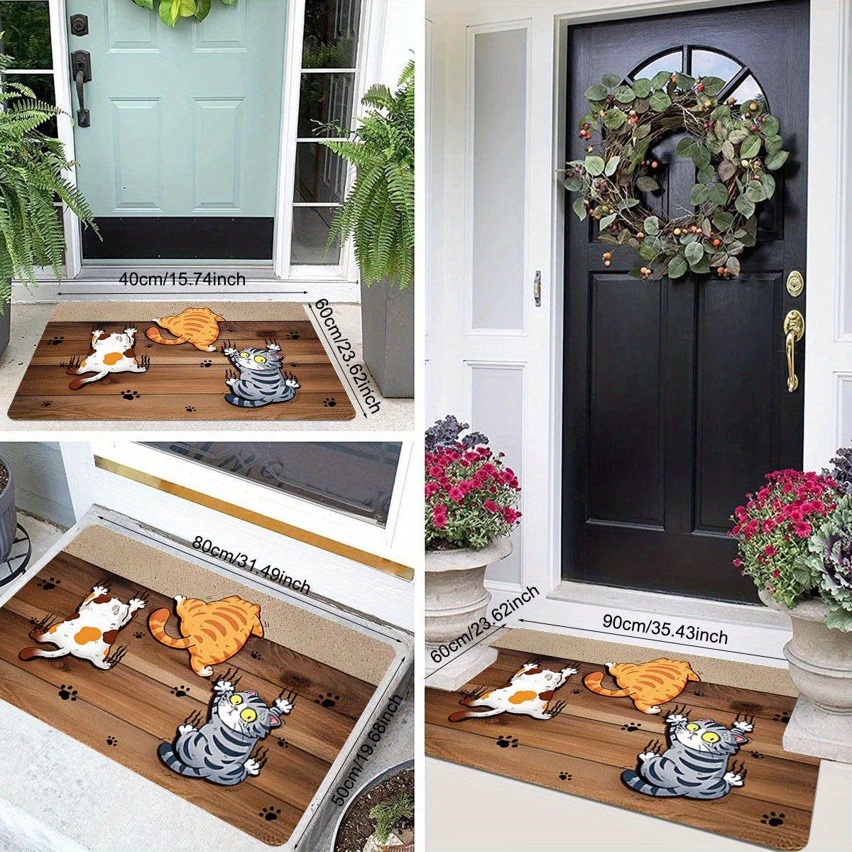 Alfombra de entrada con diseño de gato divertido, 1 unidad – Resistente, de poliéster de secado rápido, en colores naranja, blanco y negro, ideal para interiores/exteriores, cocina, baño o entrada
