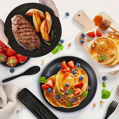 1 Juego de alta calidad de platos, tazas y vasos de paja negra - Incluye platos, tazones y tazas con diseño elegante de costuras - Perfecto para cumpleaños, fiestas y uso diario - Material de polipropileno seguro para alimentos, juego de platos diarios |