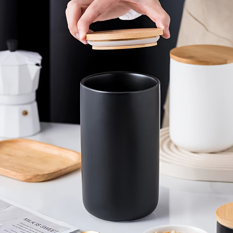 Frascos de almacenamiento de alimentos de cerámica multiusos con cierre de pestillo, recipientes redondos reutilizables para la organización de la cocina, se recomienda lavar a mano - Juego de 1 contenedor negro para té, café, dulces, granos