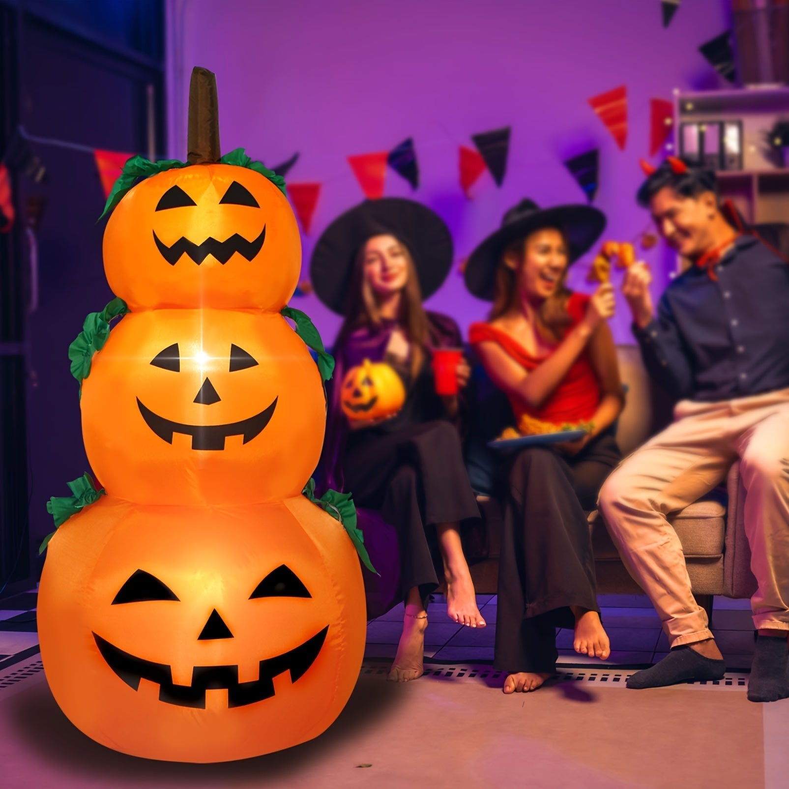 1pc, Calabazas inflables de Halloween de 3 pisos con luces integradas, decoración de escena, decoración de habitación, decoración de hogar, decoración de fiesta de vacaciones, decoración de Halloween IPX4 a prueba de agua