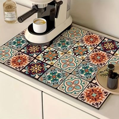 1 pieza de Estilo Bohemio Tapete para Café de Secado Rápido - Antideslizante, Protector de Encimera de Microfibra Absorbente, Especialmente Adecuado para Máquinas de Café y Cafeteras, Patrón Floral Multicolor, Muy Adecuado para Uso en Cocina, Almohadilla