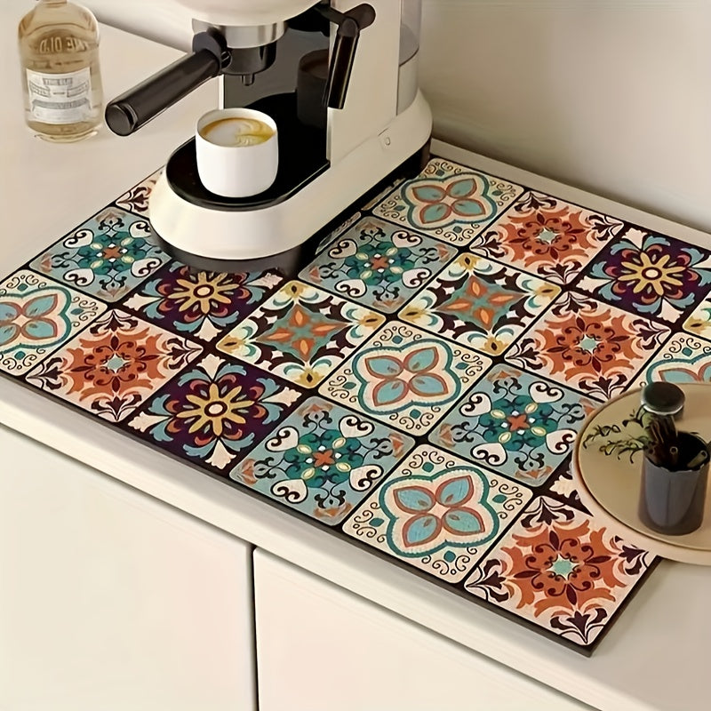 1 pieza de Estilo Bohemio Tapete para Café de Secado Rápido - Antideslizante, Protector de Encimera de Microfibra Absorbente, Especialmente Adecuado para Máquinas de Café y Cafeteras, Patrón Floral Multicolor, Muy Adecuado para Uso en Cocina, Almohadilla