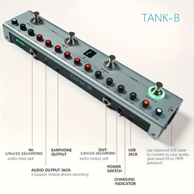 Procesador de efectos de bajo portátil M-VAVE, todo en uno - 36 presets/9 simulaciones de amplificadores, 8 cargadores de IR, retraso, modulación, reverberación, afinador, conexión BT, batería de 12 horas, recargable por USB - para grabación y actuación