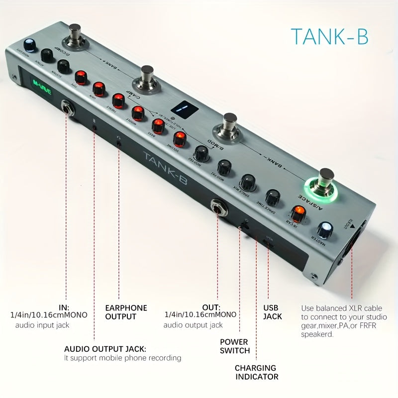 Procesador de efectos de bajo portátil M-VAVE, todo en uno - 36 presets/9 simulaciones de amplificadores, 8 cargadores de IR, retraso, modulación, reverberación, afinador, conexión BT, batería de 12 horas, recargable por USB - para grabación y actuación