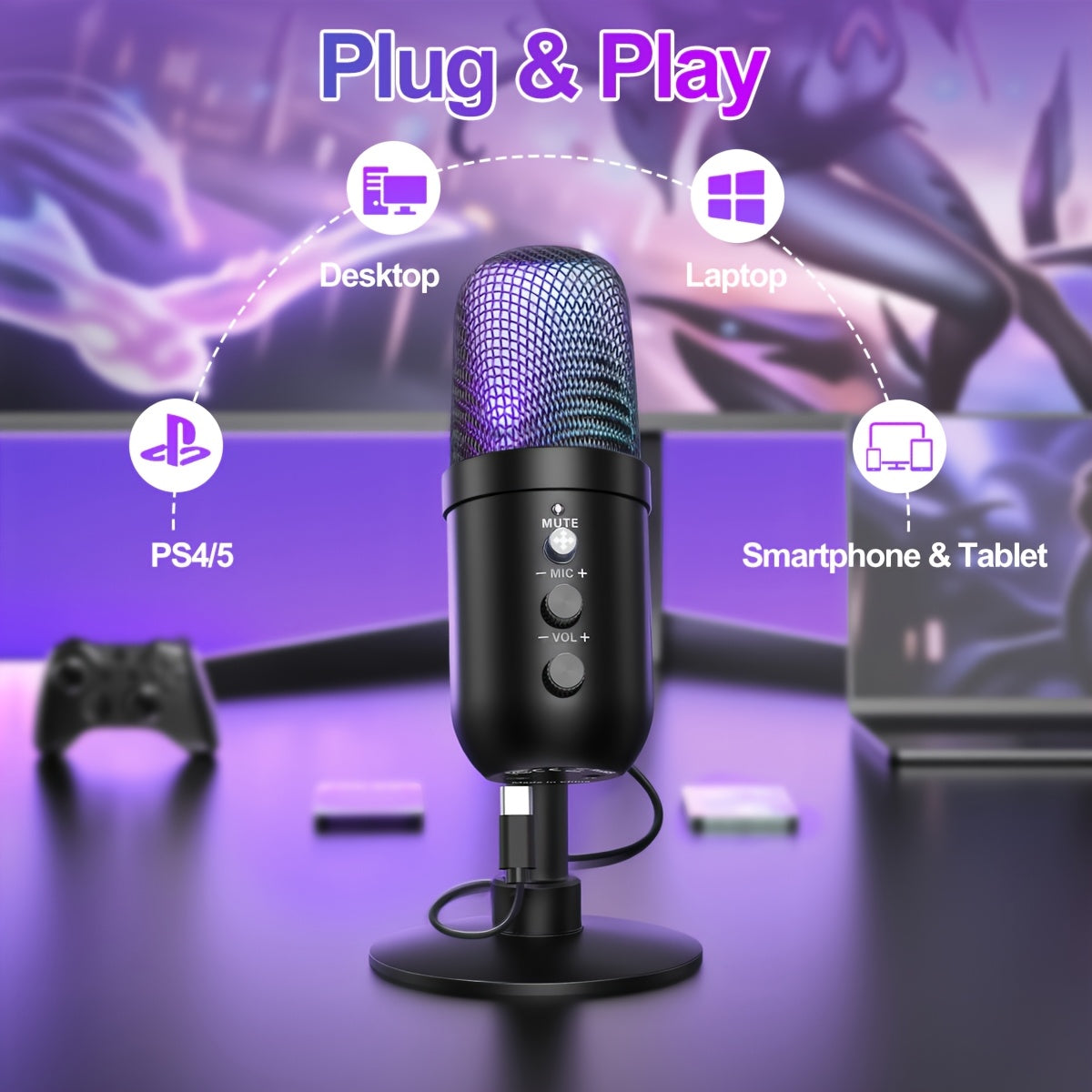 Microfono de Condensador ZealSound USB con Iluminación RGB - Plug and Play, Compatible con PC, PS4 & 5, Mac y Dispositivos Móviles - Ideal para Discord y Grabaciones en Zoom - Incluye Adaptador Tipo-C, Botón Silencio, Soporte Trípode, Filtro Pop y Antivi