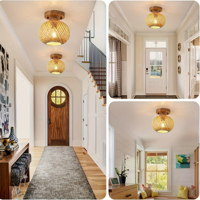 1pc Lámpara de techo de bambú tejida a mano - Estilo Bohemio, Eficiente en energía con base E26, Ideal para salón, dormitorio, cocina, pasillo, Iluminación de cocina | Iluminación de estilo bohemio | Lámpara de techo tejida a mano