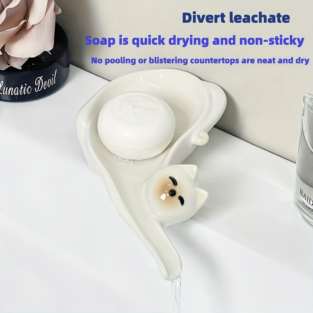 Adorable jabonera de cerámica con forma de gato, ideal para baños y cocinas. Fácil de limpiar, mantiene los jabones secos. Regalo perfecto para Halloween, Navidad, Pascua y más